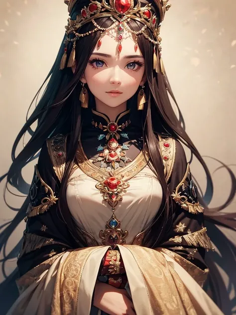 Beautiful female emperor, Clear skin, Beautiful appearance, There is deep wisdom in her eyes, It&#39;s as if she sees through the whole world, Wearing a luxurious white robe, Holding a long sword, Robes fluttering in the wind and silver hair blowing in the...