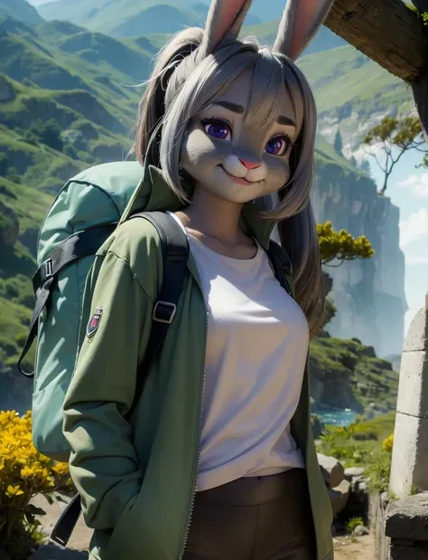 Highest quality,
masterpiece,
Ultra-realistic,
Super detailed,
Beautiful details,
4K，8K，upper,
pixar,
Photo realistic,
Medium Shot,
Background is ((Magnificent mountain)),
Realistic lighting,
hiking woman, 

((Anthropomorphic rabbit)),
Detailed animals,
Co...