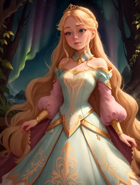 Create a close-up portrait in 4K resolution of Aurora from Disneys Sleeping Beauty with a blank background. The portrait should capture her iconic features: her long, golden blonde hair, her serene expression, and her graceful demeanor. Aurora should be we...