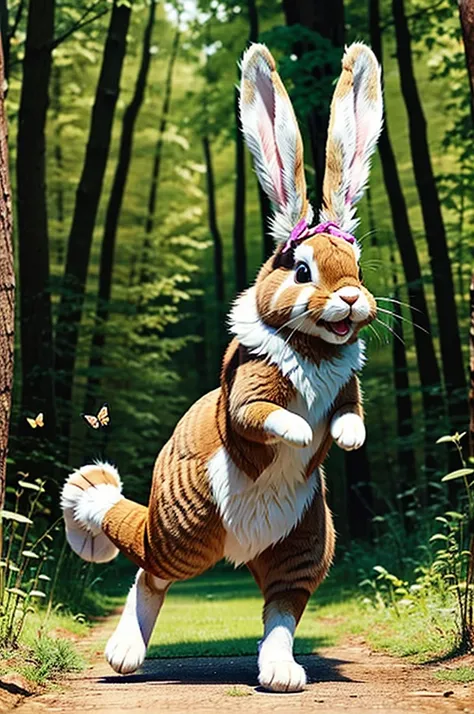 /imagineInclude a playful rabbit named Sammy nearby, hopping joyfully with a carefree grin on his face. Show Sammys fluffy fur and depict him interacting with butterflies or other forest creatures,: ar 3:2