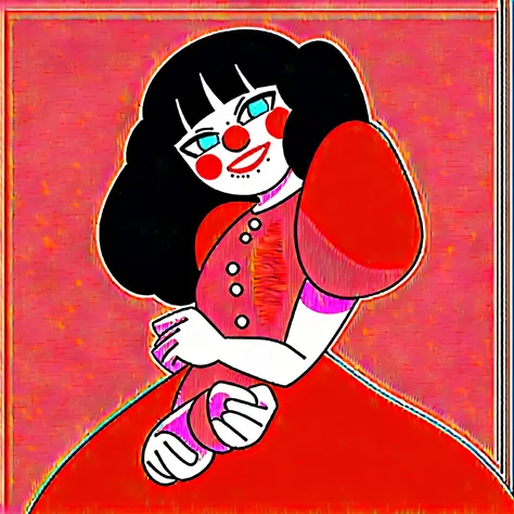 she joins the circus as a clown
 - The character has black hair and light blue eyes.
 - They are wearing a red dress with black inserts.
 - They have long sleeves and stockings that match the dress.
 - The character wears large star-shaped glasses on top o...