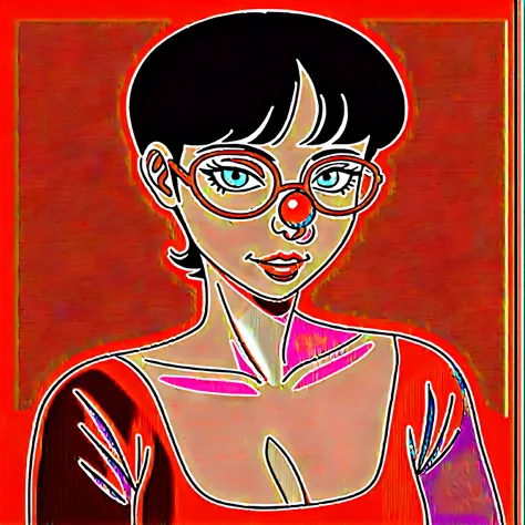 she joins the circus as a clown
 - The character has black hair and light blue eyes.
 - They are wearing a red dress with black inserts.
 - They have long sleeves and stockings that match the dress.
 - The character wears large star-shaped glasses on top o...