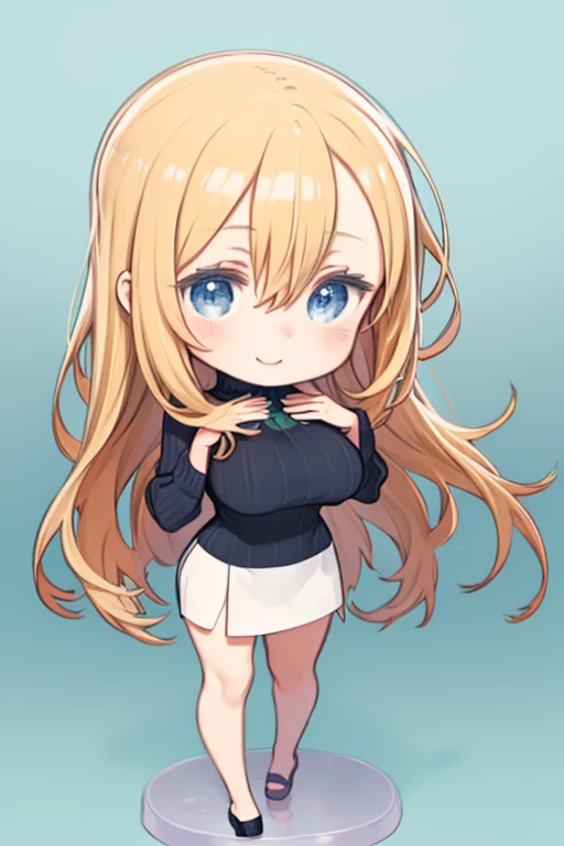 Front view、Front view、One Girl、Simple Background、(Chibi Character、Nendoroid、Big Head、Big eyes)、Long blonde、Blue Eyes、Hair between the eyes、Green Turtleneck Sweater、Big Breasts、Huge breasts、upright、Are standing、Head to toe diagram、Clear contours、Beautiful E...