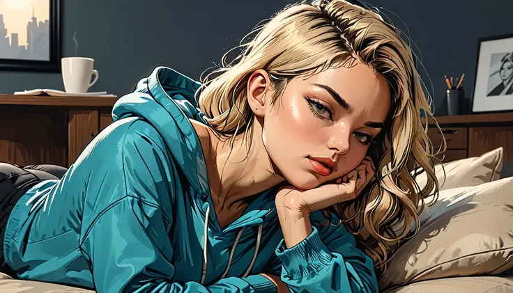 girl sleeping, girl lies with ((eyes closed)) in (Blue oversized hoodie) and black Elastic shorts at sofa at dark green office, adult, [Nordic], Hourglass elongated fitness body, perfect Olive skin, Oval Face, Long neck, Rounded shoulders, perfect hand, At...