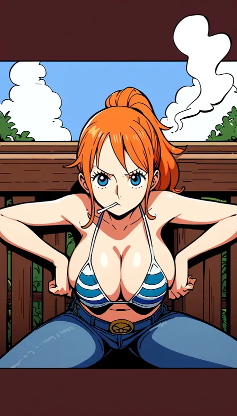 a cartoon picture of a woman in a bikini top and jeans, nami one piece, nami from one piece, nami, beautiful portrait of nami, from one piece, oppai, blue eyes, smoking, ponytail