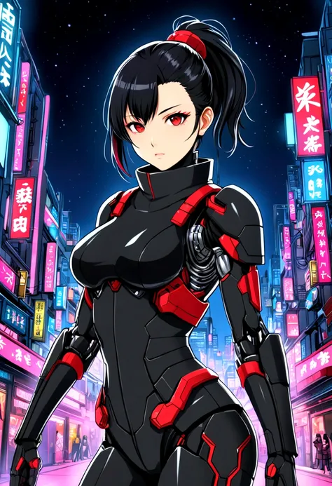 “A detailed illustration of Ayame, a cyborg ninja girl. She has black hair tied in a ponytail and is wearing a sleek, modern ninja outfit predominantly black with red accents. Her outfit includes a high collar, reinforced gloves, lightweight armor plating,...