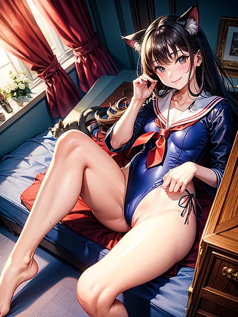 Highest quality,Highest Resolution,Sailor Leotard,High leg,smile,Bedroom,Red tie,Cat ears,Cat&#39;s Tail,