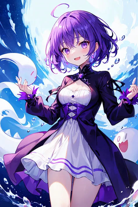 Ghost, (monster Girl), Purple skin, spike, Spiky purple hair, Caught Laughter, Floating Hand, Wearing a deep purple dress, Floating in the air, masterpiece, Highest quality