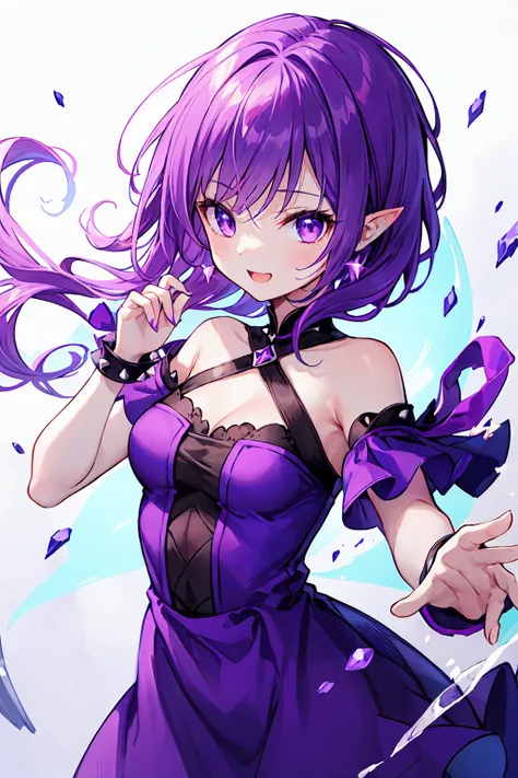 Ghost, (monster Girl), Purple skin, spike, Spiky purple hair, Caught Laughter, Floating Hand, Wearing a deep purple dress, Floating in the air, masterpiece, Highest quality