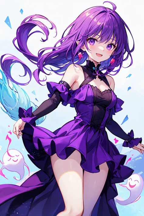 Ghost, (monster Girl), Purple skin, spike, Spiky purple hair, Caught Laughter, Floating Hand, Wearing a deep purple dress, Floating in the air, masterpiece, Highest quality