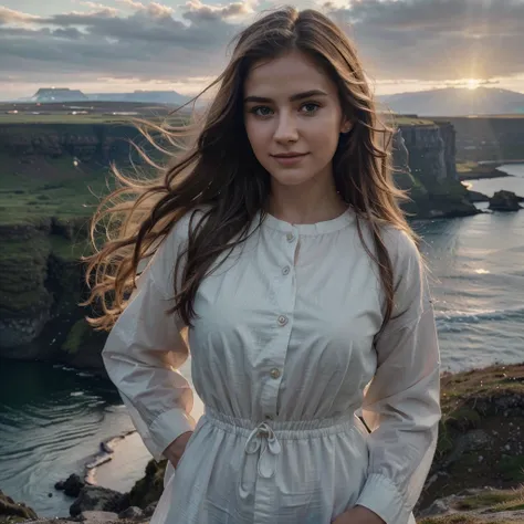 RAW, photograph,((best quality)), ((masterpiece)), ((realistic)), gorgeous icelandic woman, icelandic woman with all her features and characteristics, standing upright on the edge of a cliff, with a stunning view of a icelandic fjord below, (she’s wearing ...