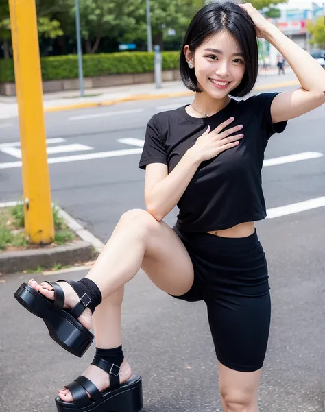 Black hair, short, healthy, energetic, smiling, sweat, tight T-shirt, short pants, whole body, platform sandals