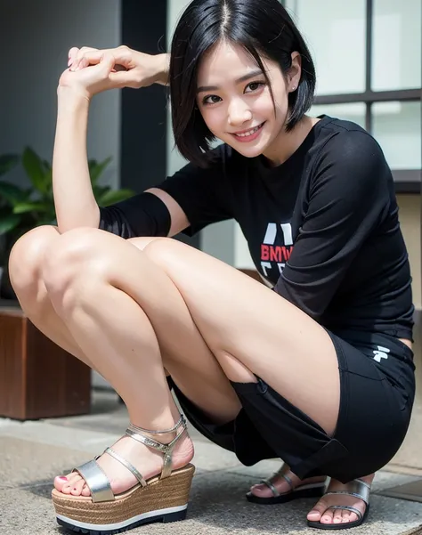 Black hair, short, healthy, energetic, smiling, sweat, tight T-shirt, short pants, whole body, platform sandals