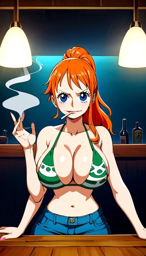 a cartoon picture of a woman in a bikini top and jeans, nami one piece, nami from one piece, nami, beautiful portrait of nami, from one piece, oppai, blue eyes, smoking, ponytail