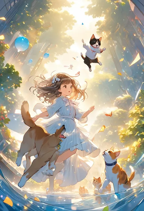 best quality, very good, 16K, Ridiculous, Extremely detailed, 2.5D, Delicate and dynamic depiction, dog, Cat and girl playing together, Cute picture book illustration style, Soft and vivid color effects