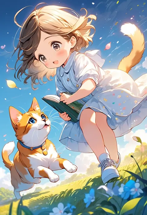 best quality, very good, 16K, Ridiculous, Extremely detailed, 2.5D, Delicate and dynamic depiction, dog, Cat and girl playing together, Cute picture book illustration style, Soft and vivid color effects