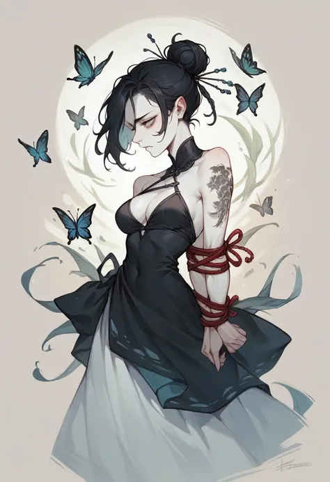 Woman between seventeen and eighteen years old, White skin, with a western pine elfin butterfly tattoo on his back, in a black dress with an open back and black hair tied up in a bun 