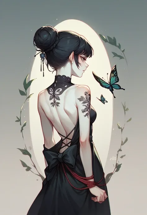 Woman between seventeen and eighteen years old, White skin, with a western pine elfin butterfly tattoo on his back, in a black dress with an open back and black hair tied up in a bun 