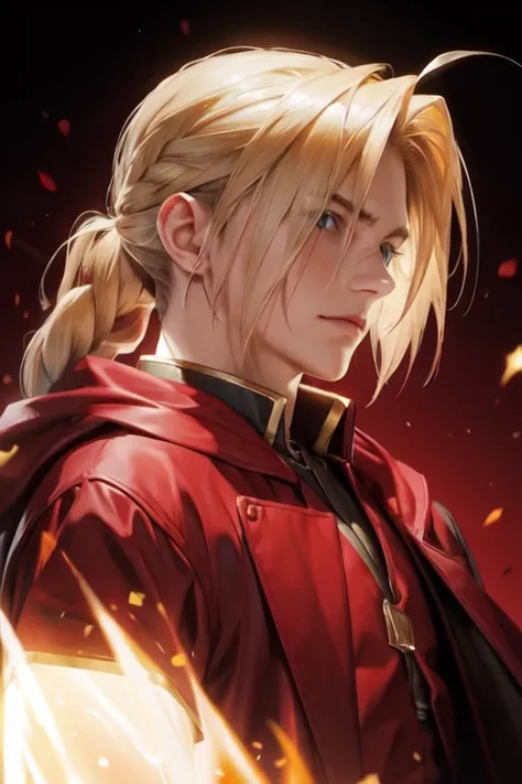 masterpiece, best quality, wallpaper, 1boy, solo, male focus, looking at viewer, realistic, [[edward_elric|blonde ikemen]:edward_elric:16]blonde hair, yellow eyes, braid, single braid, braided ponytail, single mechanical arm, 32k resolution, (upper body:1....