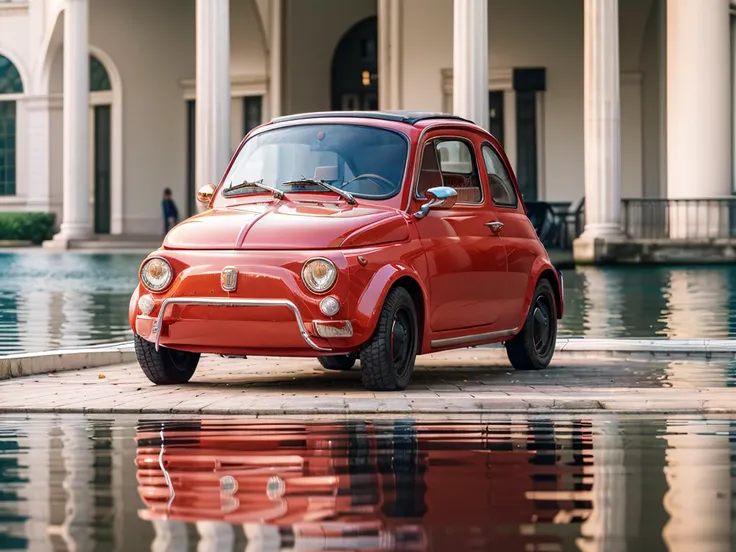 (fiat500, classical old italian fiat 500 car), a small red car resting on a column at the center of a crystal clear lake in a ci...