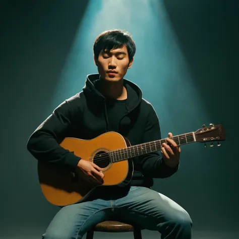 UHD, 4k, ultra detailed, cinematic, a photograph of  noise:1
Film grain still image of a asian man sitting on a stool playing a guitar,solo,short hair,backwards cap,shirt,black hair,1boy,sitting,hoodie,closed eyes,male focus,pants,mouth hold,instrument,cig...