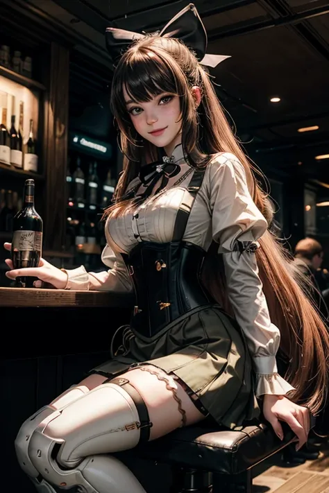 cowboy shot,  smile,  underbust, Penny Polendina, long hair, neck ribbon, suspender skirt, corset, black bow, white blouse, mechanical legs, neon trim, indoors, sitting in cyberpunk wine bar, crowd, (crowd wearing military outfits)

