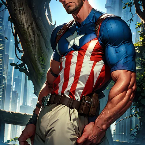 32k , 1 solo man , captain america wearing his outfit, stands posing, detailed face,  detailed fingers,  detailed muscles,  deta...