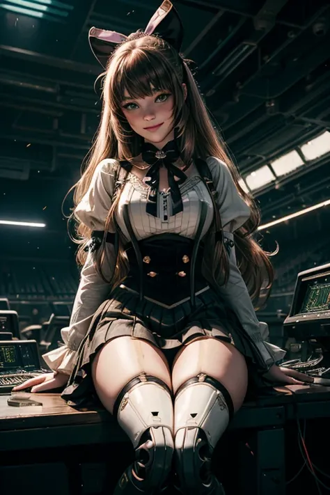 cowboy shot,  smile,  underbust, Penny Polendina, long hair, neck ribbon, suspender skirt, corset, black bow, white blouse, mechanical legs, neon trim, indoors, sitting in cyberpunk music studio, crowd, (crowd wearing military outfits)

