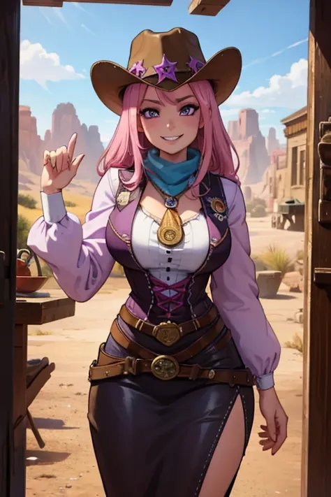 a pink haired female cowgirl with violet eyes with an hourglass figure in a conservative cowgirl outfit is smiling in a sherriff...