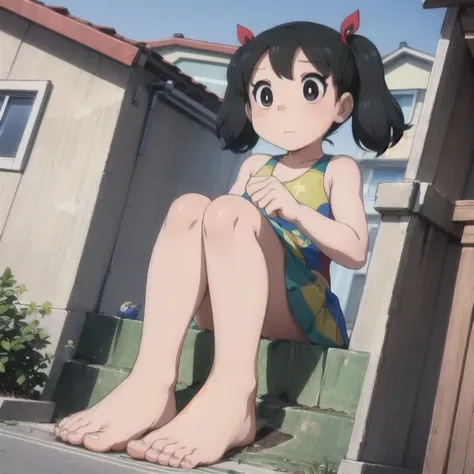 facial details,masterpiece,depth of view,cinematic angle, drsizukachan1, explicit, Shizuka Minamoto, (1 girl, alone, black hair, black eyes, twin tails, twintails, competition swimsuit, barefoot, looking at viewer:1.0, sitting, feet in focus, soles, toes, ...