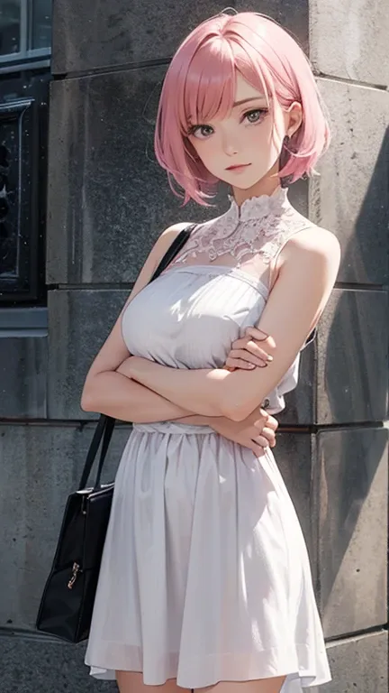 alcanevi, a woman with medium-short pink hair wearing a white dress, woman&#39;s face, unreal engine character art, portraiture、...