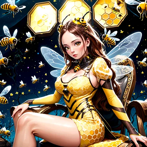 a beautiful woman, the queen of the bees, sitting on an ornate honeycomb throne, wearing an elegant bee-themed dress, her face and body adorned with intricate bee-inspired body paint, surrounded by many bee-like drones attending to her, all set within a ma...