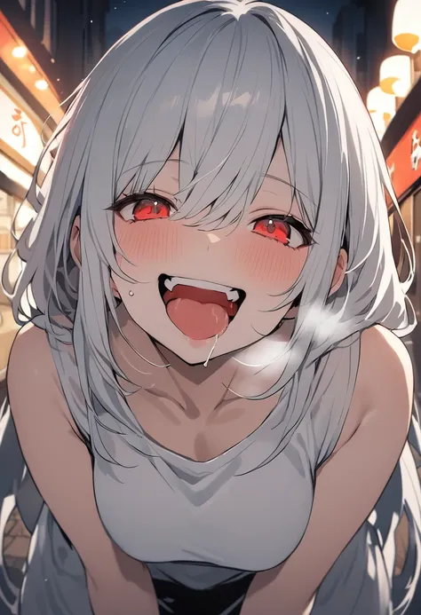 (masterpiece:1.2)、Highest quality、PIXIV、Rebellious girl、One girl、Open your mouth、鋭いteeth、teeth、Long Hair、Street background、Bright red eyes、Upper Body、smile、Focus on the viewer、Chest in the center、Shoulder Bare、Belly button、Black and white hair color,leanin...