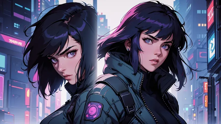 (masterpiece), (best quality), (very detailed), ((1 woman)), (cyberpunk), future city background, ((ghost in the shell)), detailed eyes, Detailed nose, Detailed lips, perfect face, perfect body, revealing combat suit, Side face and upper body expression, P...