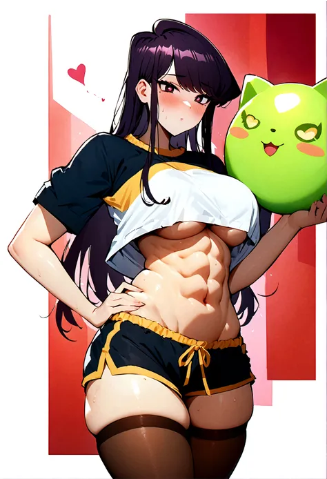 komi shouko,pixal style ,(A white border around a dark red rectangular background：2.5),The shirt，Abs，cropped shoulders，C cup，Ultra shorts，black lence stockings，High detail,Moles under eyes, Heart-shaped pupils，Love pupils，Fleshy thighs,highly rendered，deta...