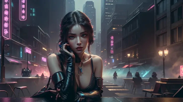 (masterpiece), (best quality), (very detailed), ((1 female assassin)), (cyberpunk), future city background, detailed eyes, Detailed nose, Detailed lips, perfect face, perfect body, Place a small person on the left in a picture of revealing clothing., lands...