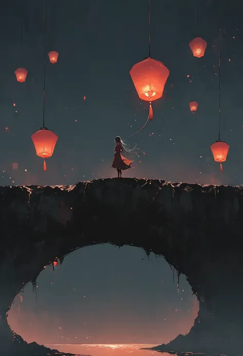 a simple one,minimalist illustration, girl standing on the edge of the cliff，tassel，red kongming lantern floating in the sky，pap...