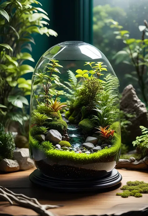 room background, masterpiece, best quality, 8k, professional ,intricated details, detailed, realsitic, boekh , photorealistic, dark shadows, natural light, dramatic, source realistic,

Create an image of a crystal-like resin terrarium. The terrarium is enc...