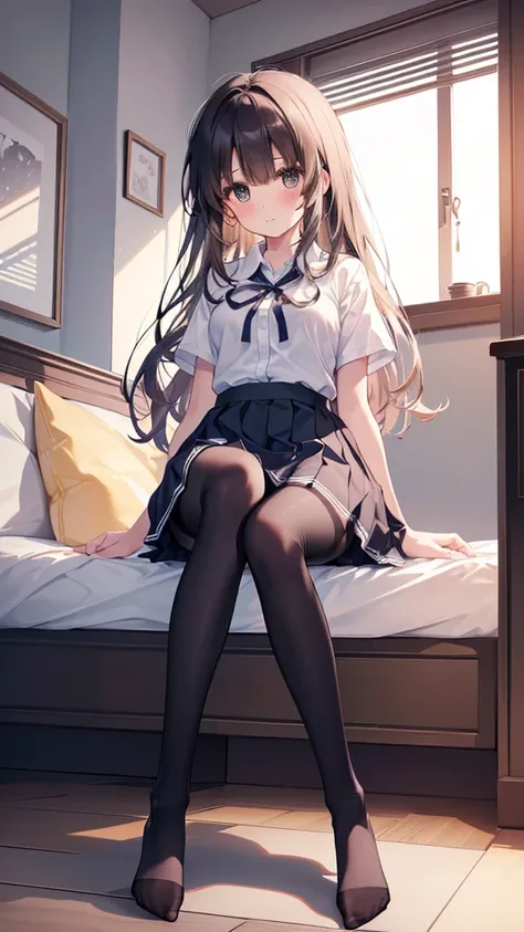 (8K、Best image quality、Highest quality、masterpiece)、One tall girl、((whole body))、Sit on the floor with your legs spread、White panties are visible、Long Hair、Wavy Hair、blush、Medium Bust、White collared shirt、Short sleeve、((Checkered pleated mini skirt))、Class...