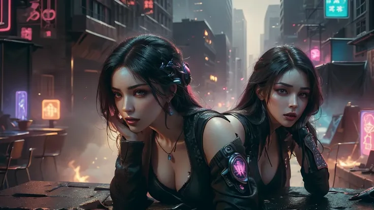 (masterpiece), (best quality), (very detailed), ((1 female assassin)), (cyberpunk), future city background, detailed eyes, Detailed nose, Detailed lips, perfect face, perfect body, revealing clothing