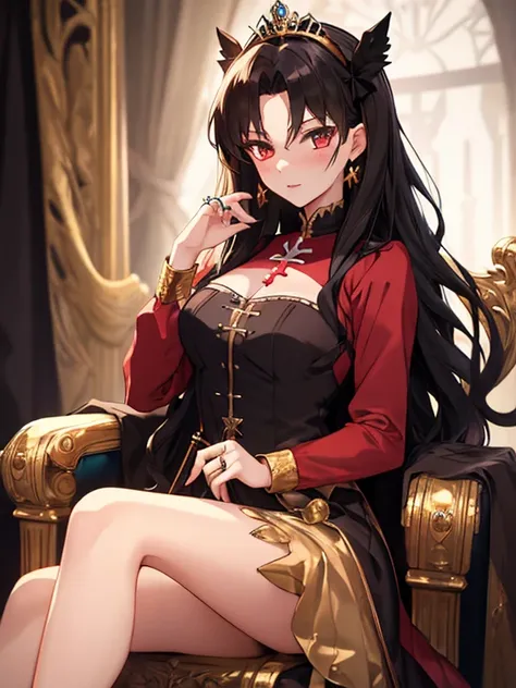 tiara, Princess, ring:1.5, Golden Staff, Throne of Power, (masterpiece), highest quality, Tohsaka Rin, 1girl, uhd, retina, masterpiece, ccurate, anatomically correct, textured skin, super detail, high details, high quality, best quality, highres, 4K