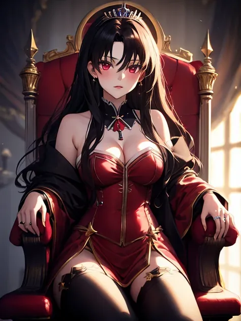 tiara, Princess, ring:1.5, Golden Staff, Throne of Power, (masterpiece), highest quality, Tohsaka Rin, 1girl, uhd, retina, masterpiece, ccurate, anatomically correct, textured skin, super detail, high details, high quality, best quality, highres, 4K