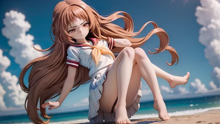 One girl, Long Hair, barefoot, (Small chest: 0) Looking down, Dynamic pose,   Sailor suit、Long skirt, Anxious face (Highly refined skin),  Detailed face, 8K Ultra HD, Soft Light, high quality, Full body portrait.Strong winds、Glare、