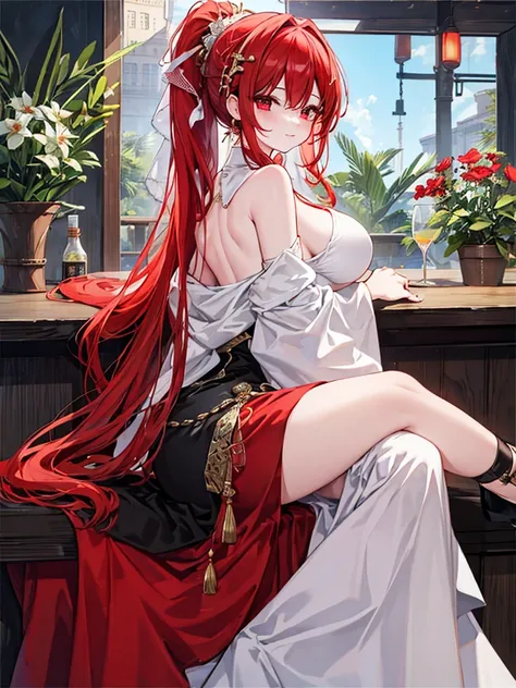 Long skirt, Anime style painting, An illustration, liquor, Woman sitting at a bar drinking a cocktail, look back, back, 背景の棚には多彩な色のliquor瓶が並んでいる, Quiet bar, Calm expression, Perfect hands, elder, Red Hair, The dignity of a 50-year-old, ほろ酔いのwoman, solo、(Hi...