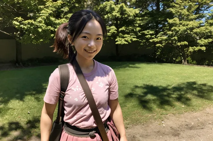 1girl, cute,  smiling, wearing japanese samurai pink armer, having a japanese katana, having a small bag three balls are in, many trees in her background, detailed background,(photorealistic:1.4),  (in the dark, deep shadow,low key:1.1), diffused natural s...