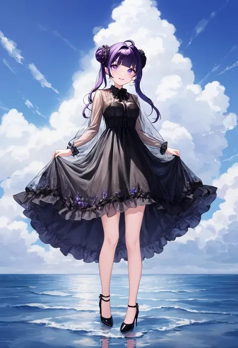 Black purple hair，Purple eyes，Carly，Adorable，Teenage Girls，((See through the gorgeous see-through black dress))，High heels on your feet，Standing on the surface of the sea，Standing on the surface of the sea，whole body，Fingers and arms are not exposed，Backgr...