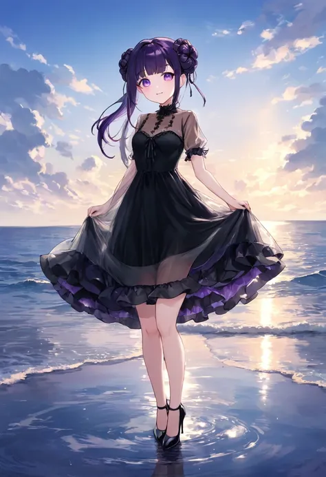 Black purple hair，Purple eyes，Carly，Adorable，Teenage Girls，((See through the gorgeous see-through black dress))，High heels on your feet，Standing on the surface of the sea，Standing on the surface of the sea，whole body，Fingers and arms are not exposed，Backgr...