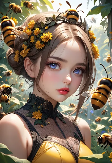 beautiful young girl, queen bee cosplay, garden, surrounded by worker bees, (highest quality,16k,highres,masterpiece:1.2),ultra-detailed,(ultra-realistic,photorealistic:1.37),extremely detailed eyes and face, longeyelashes, elegant intricate dress, beautif...