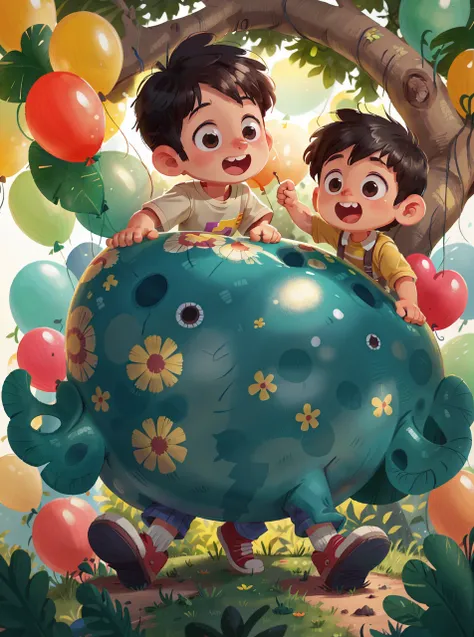 A boy, zoo, many balloons, happy, happy, perfect quality, clear focus (clutter - home: 0.8), (masterpiece: 1.2) (realistic: 1.2) (bokeh) (best quality) (detailed skin: 1.3) (complex details) (8K) (detail eyes) (sharp focus), (happy) full body, two children...