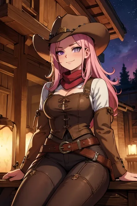 a pink haired female cowgirl with violet eyes with an hourglass figure in a conservative cowgirl outfit is sitting on the roof o...